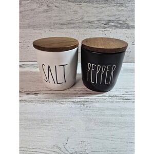 Rae Dunn Artisan Collection Salt and Pepper Cellar Set White Black Wood Lids